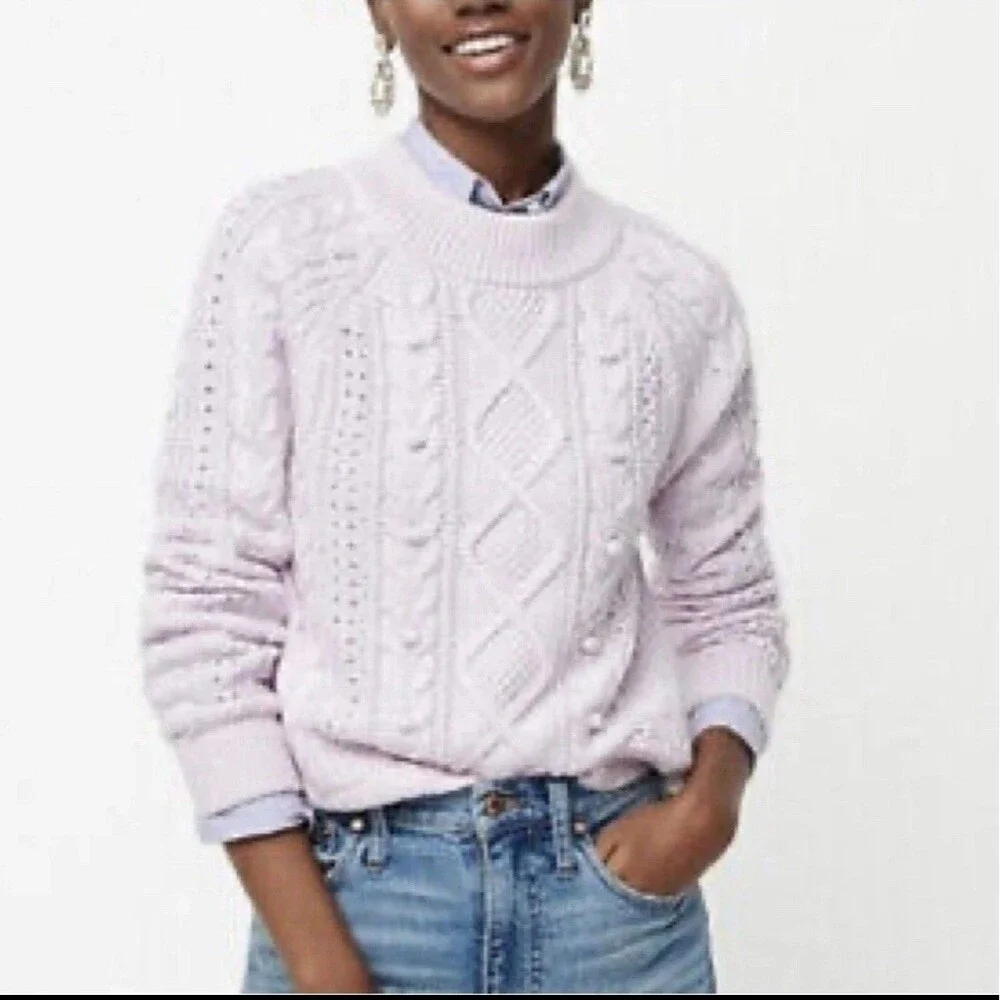 J Crew Pom Pom Cable Knit Mock Neck Sweater VTG Lilac Womens L Azra Wool Blend